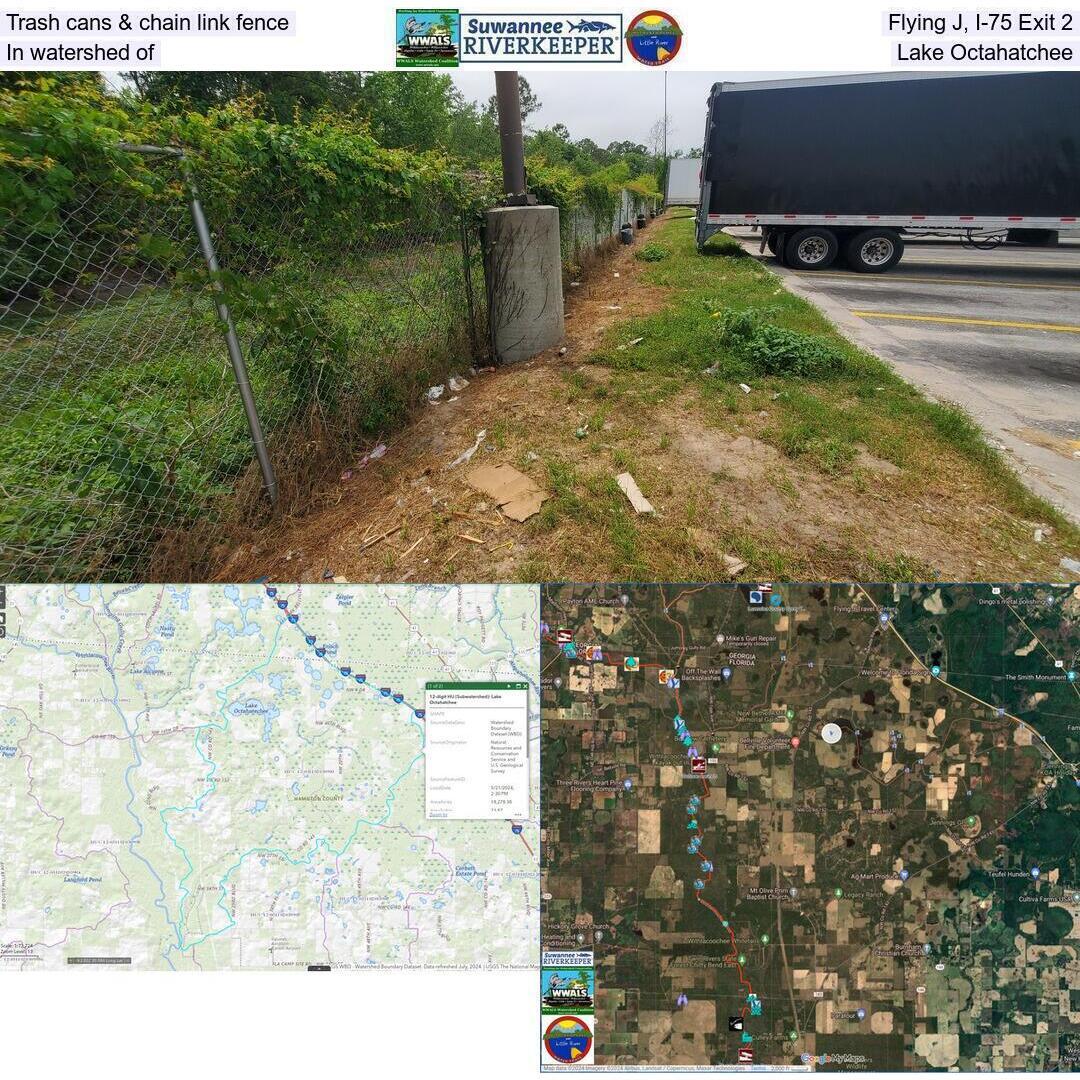 Trash cans & chain link fence, Flying J, I-75 Exit 2, In watershed of Lake Octahatchee