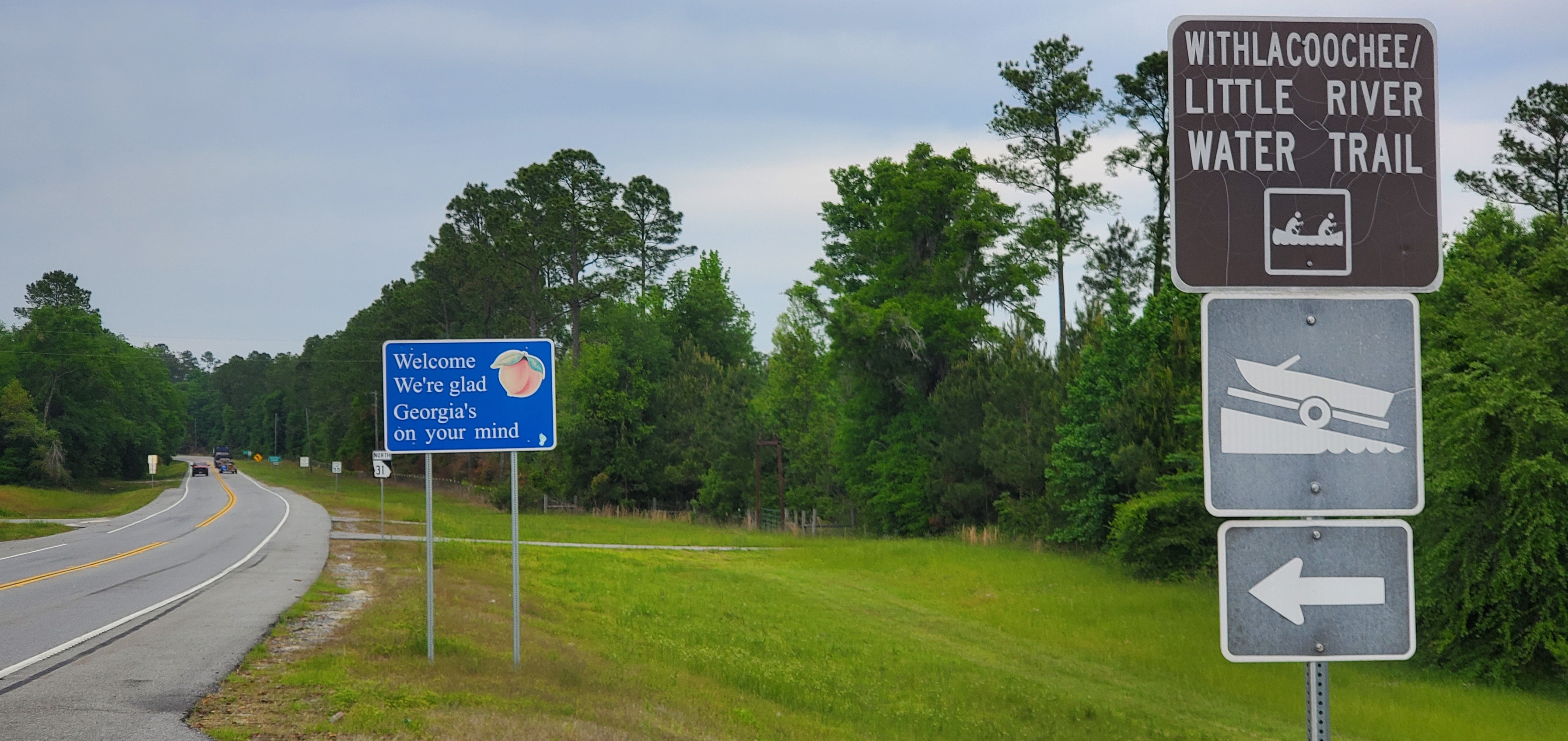 State Line Boat Ramp road sign, Georgia sign, GA 31 sign, Withlacoochee River, 2024-04-16, 14:48:46, 30.6368381, -83.3111586