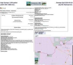 [High Springs 1,500-gallon, Sewage Spill 2024-04-24, 23301 NW 186th Ave., aka NE Railroad Ave.]