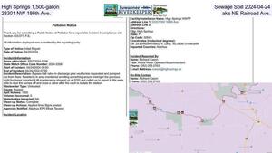 [High Springs 1,500-gallon, Sewage Spill 2024-04-24, 23301 NW 186th Ave., aka NE Railroad Ave.]