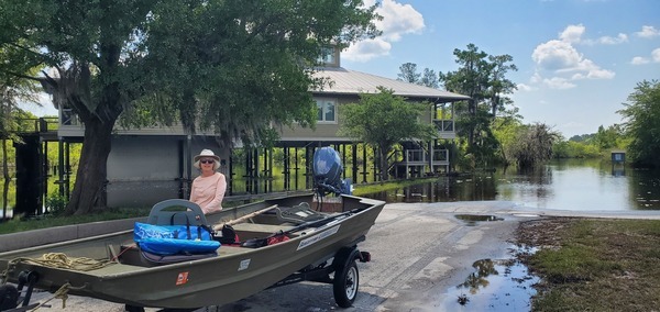 Suwannee Riverkeeper vessel and outboard, Shirley Kokidko, Suwannee River Visitor Center, Fargo Ramp, 12:04:12, 30.6825714, -82.5606519