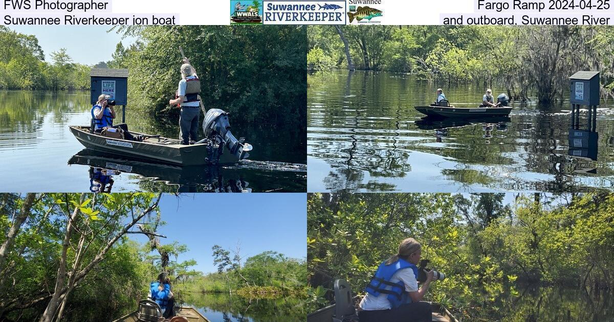 FWS Photographer, Fargo Ramp 2024-04-25, Suwannee Riverkeeper jon boat, and outboard, Suwannee River