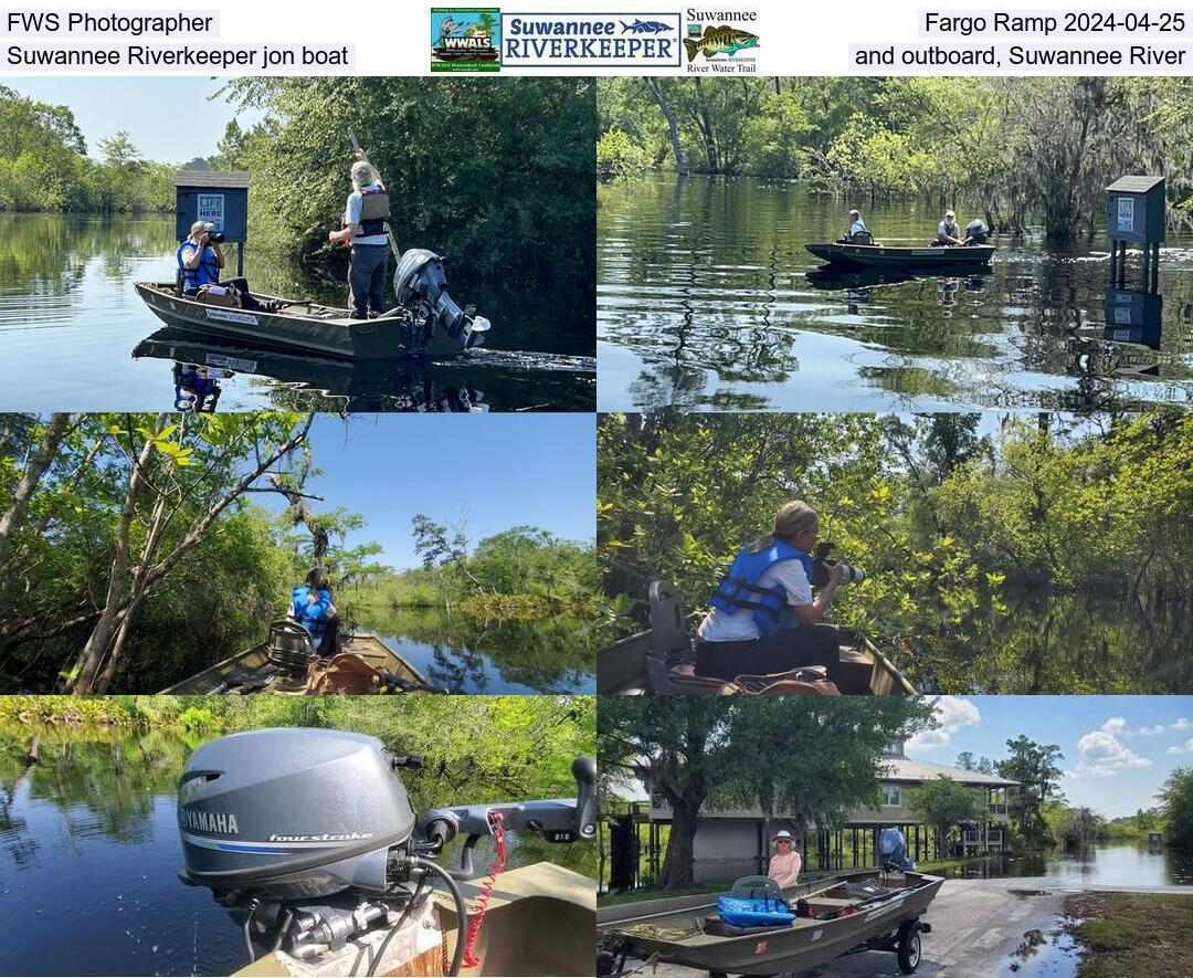 FWS Photographer, Fargo Ramp 2024-04-25, Suwannee Riverkeeper jon boat and outboard, Suwannee River