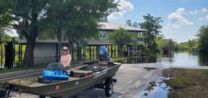 [Suwannee Riverkeeper vessel and outboard, Shirley Kokidko, Suwannee River Visitor Center, Fargo Ramp, 12:04:12, 30.6825714, -82.5606519]