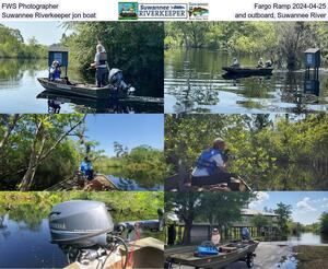 [FWS Photographer, Fargo Ramp 2024-04-25, Suwannee Riverkeeper jon boat and outboard, Suwannee River]