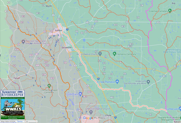 [Map: Ashburn, Hat Creek, Alapaha River, WWALS Suwannee River Basin map]