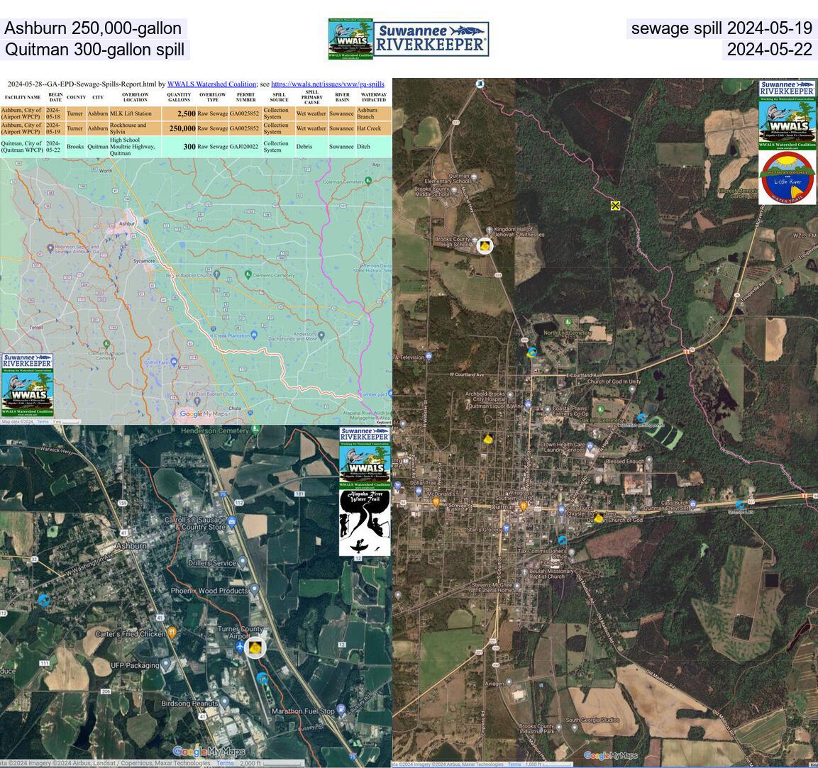 Ashburn 250,000-gallon sewage spill into Hat Creek, Alapaha River 2024-05-19 and 2,500-gallon spill into Ashburn Branch, Little River, plus Quitman 300-gallon spill 2024-05-22