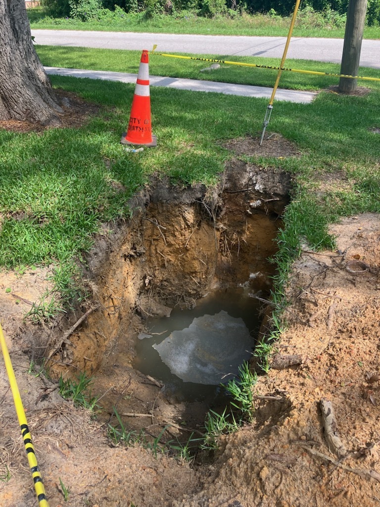 Ditch with sewer water, 101 E Bartow St., looking north, 2024-05-23