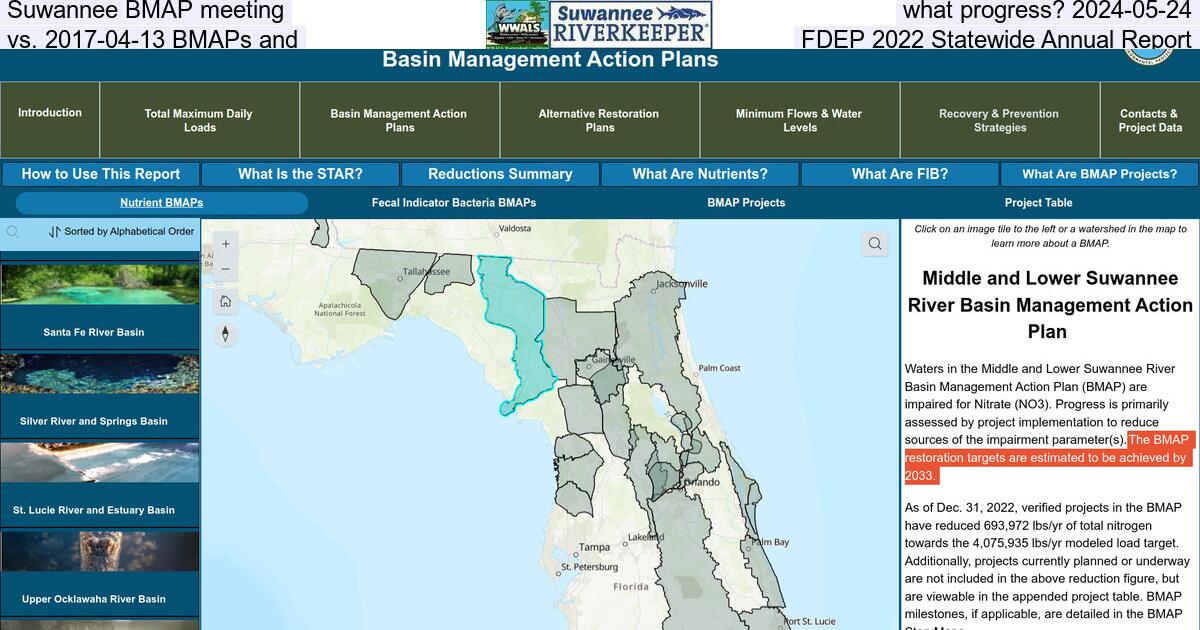 Suwannee BMAP meeting, what progress? 2024-05-24, vs. 2017-04-13 BMAPs and FDEP 2022 Statewide Annual Report