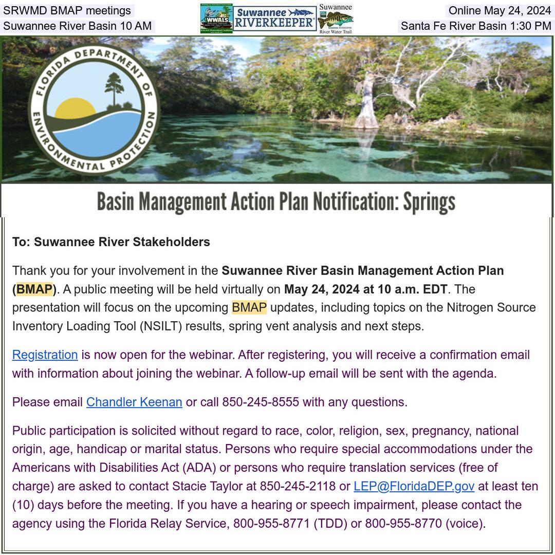 SRWMD BMAP meetings, Online May 24, 2024, Suwannee River Basin 10 AM, Santa Fe River Basin 1:30 PM