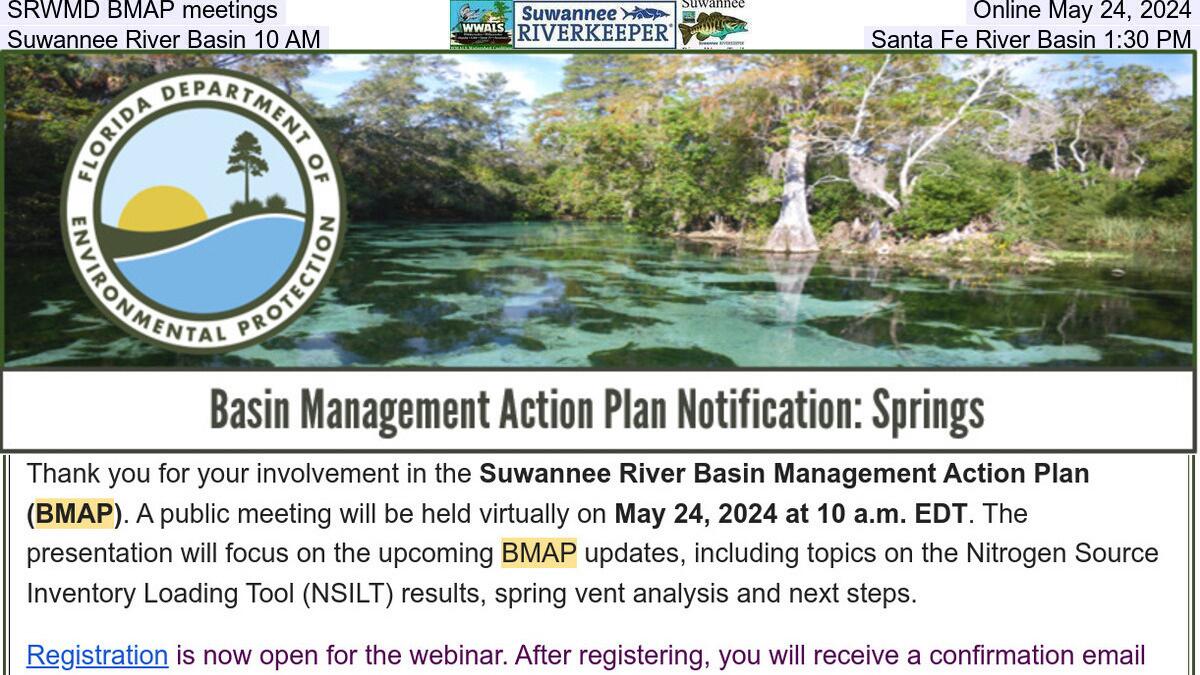 SRWMD BMAP meetings, Online May 24, 2024, Suwannee River Basin 10 AM, Santa Fe River Basin 1:30 PM