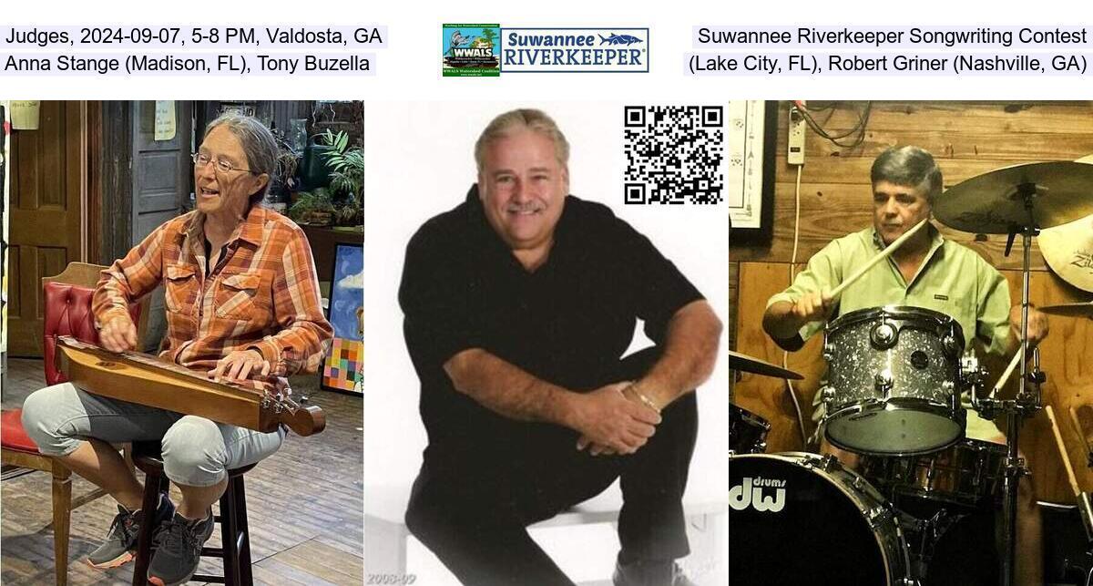 Judges, 2024-09-07, 5-8 PM, Valdosta, GA, Suwannee Riverkeeper Songwriting Contest, Anna Stange (Madison, FL), Tony Buzella, (Lake City, FL), Robert Griner (Nashville, GA)