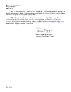 [The City must immediately submit the full January 2023 DMR through netDMR. Within sixty (60) days from receipt of this LON please submit an update to the October 27, 2023 response.]