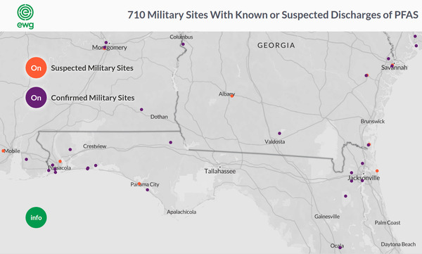 [Map: military sites with known or suspected PFAS discharges --EWG]