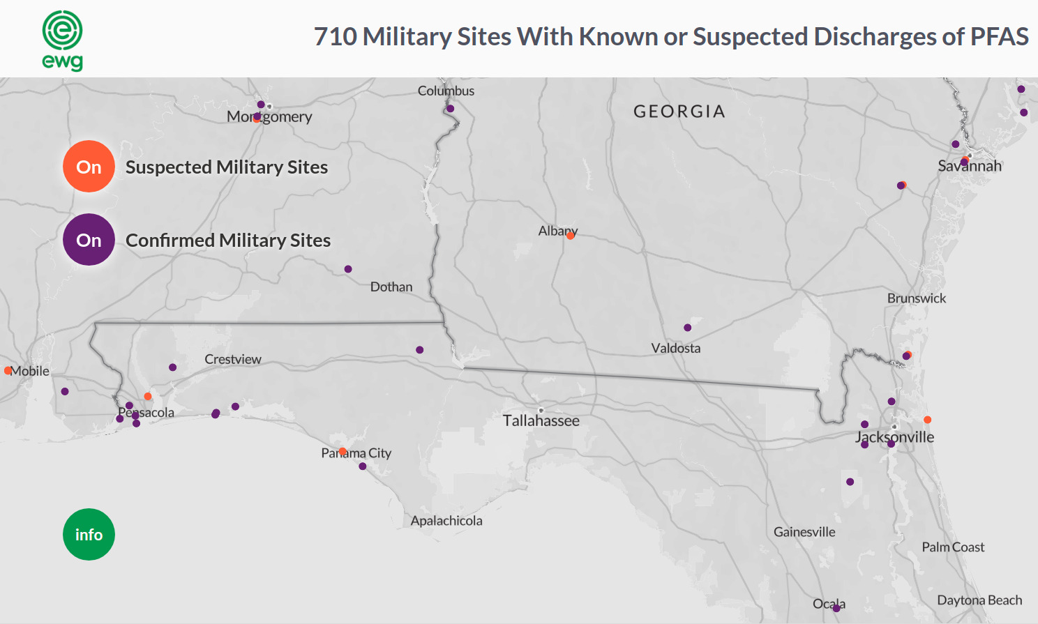 Map: military sites with known or suspected PFAS discharges --EWG