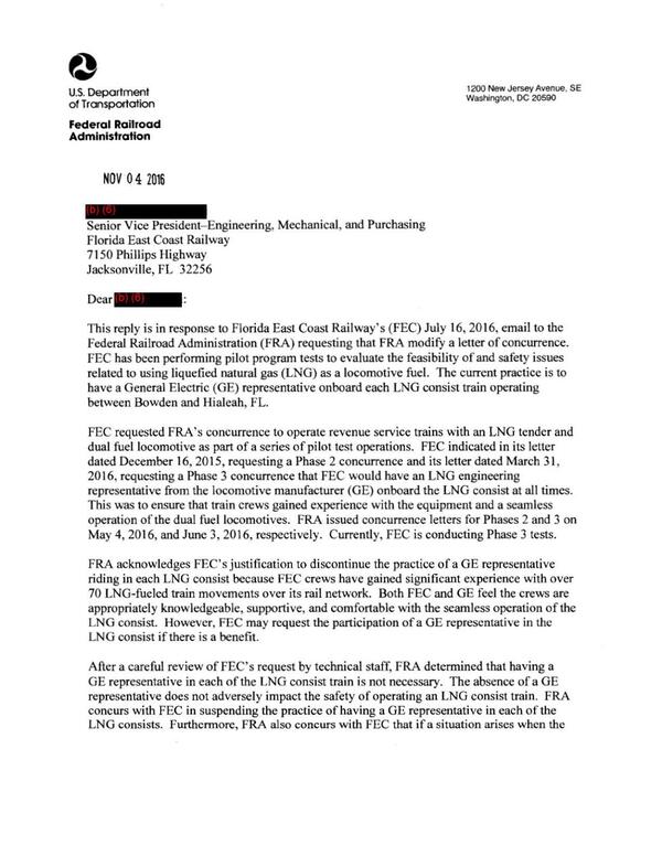 2016-11-04 FRA concurs with FECR request to evaluate the feasibility of and safety issues related to using liquefied natural gas (LNG) as a locomotive fuel and to discontinue having a GE representative on each train