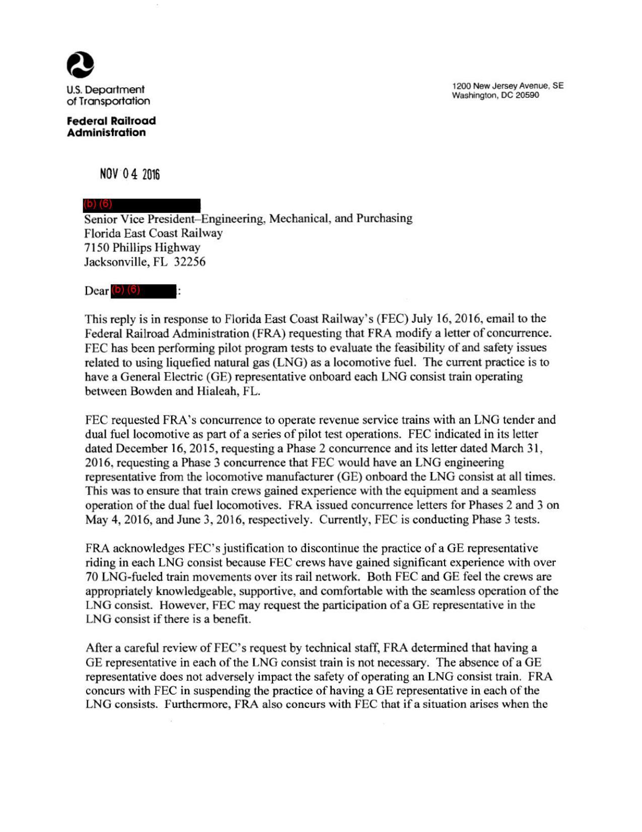 2016-11-04 FRA concurs with FECR request to evaluate the feasibility of and safety issues related to using liquefied natural gas (LNG) as a locomotive fuel and to discontinue having a GE representative on each train