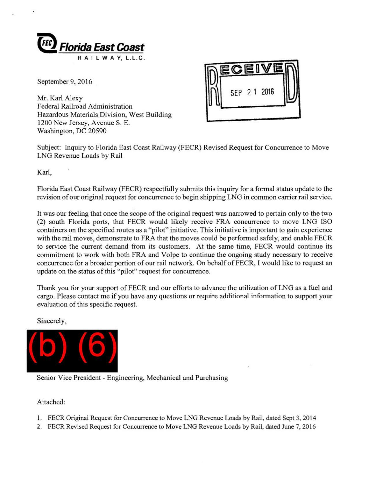 2016-09-09 FECR asks for a status update on its request for revision of approval to begin to begin shipping LNG in common carrier rail service.