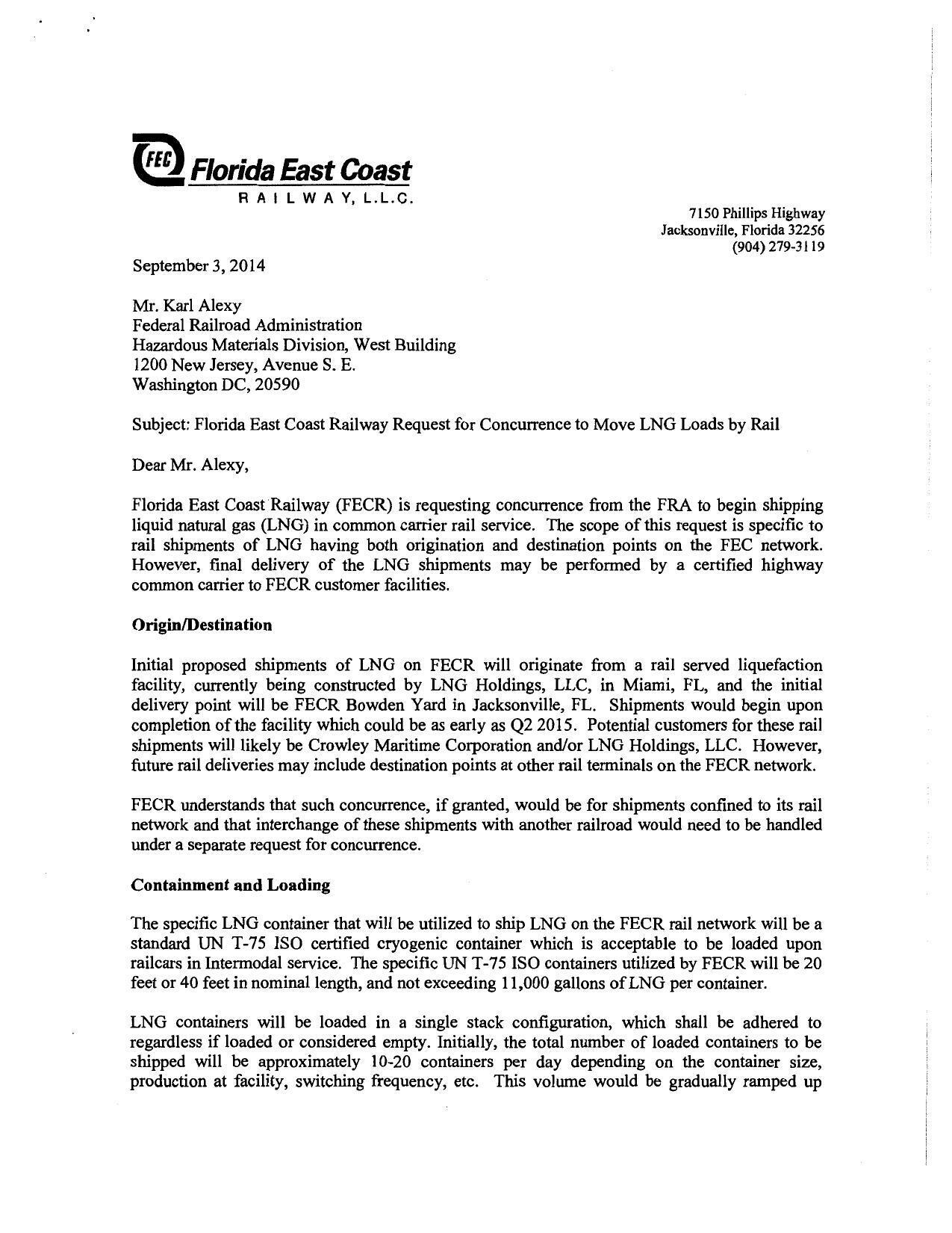 38 2014-09-03 Florida East Coast Railway Request for Concurrence to Move LNG Loads by Rail