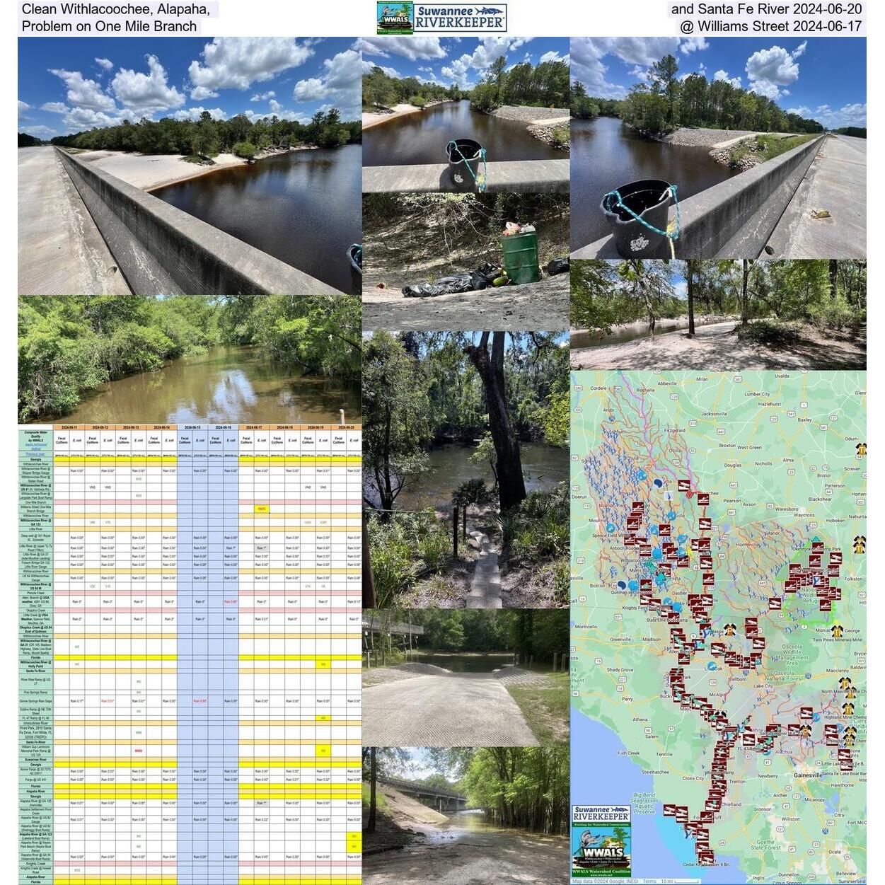 Clean Withlacoochee, Alapaha, and Santa Fe River 2024-06-20; Problem on One Mile Branch @ Williams Street 2024-06-17