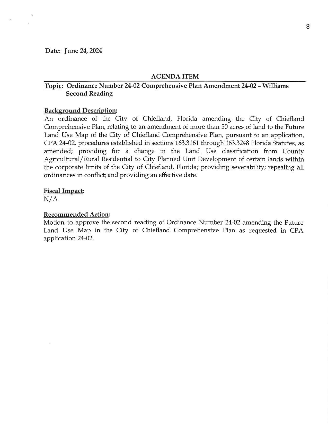 [Topic: Ordinance Number 24-02 Comprehensive Plan Amendment 24-02 - Williams]