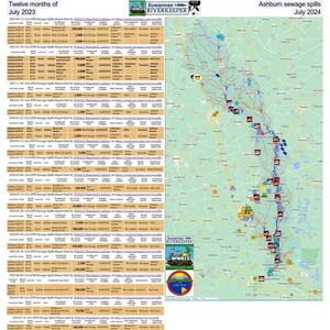 [Twelve months of Ashburn sewage spills, July 2023 to July 2024]