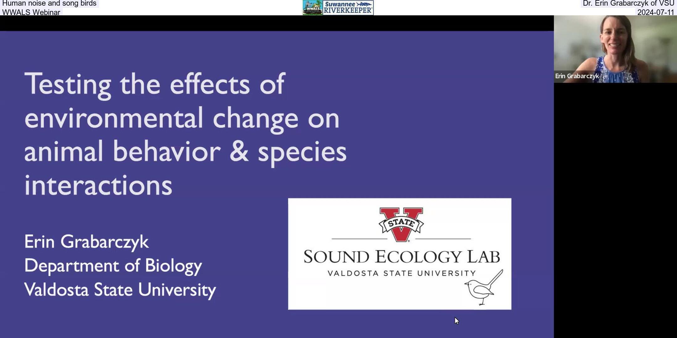 Human noise and song birds, Dr. Erin Grabarczyk of VSU, WWALS Webinar, 2024-07-11