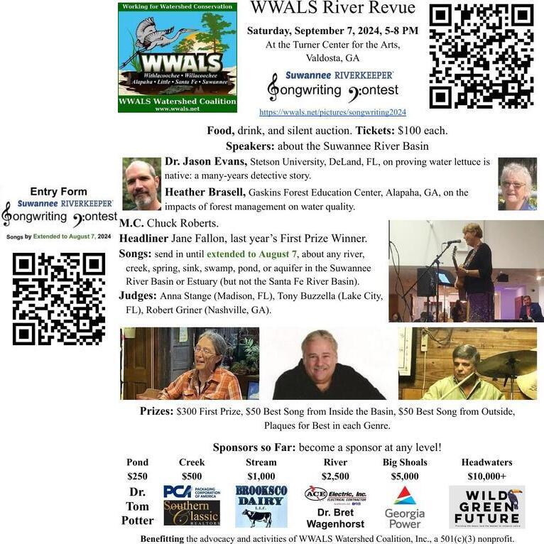 Entry Form for Suwannee Riverkeeper Songwriting Contest and Flyer for WWALS River Revue