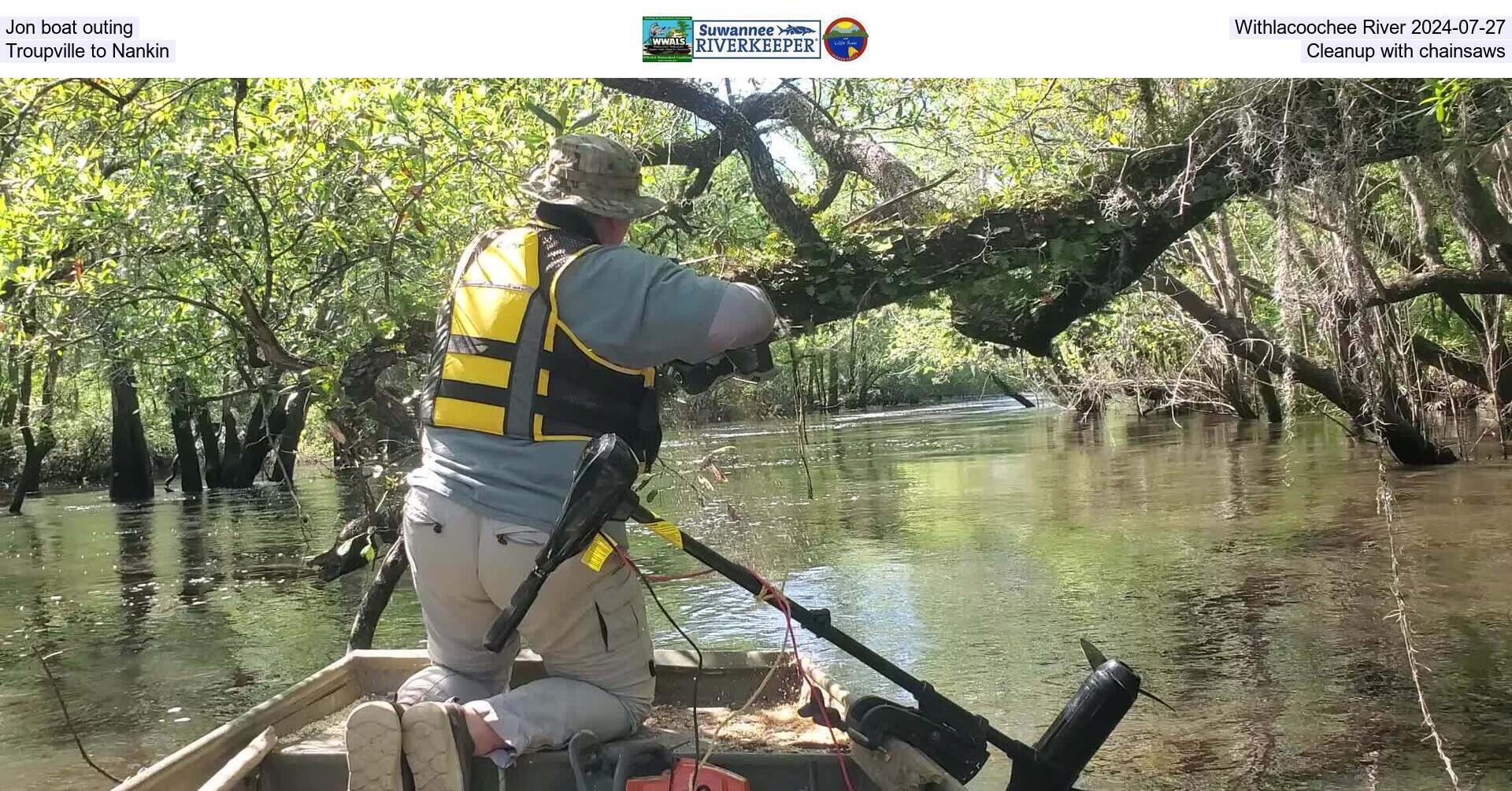 [Jon boat outing, Withlacoochee River 2024-07-27, Troupville to Nankin, Cleanup with chainsaws]