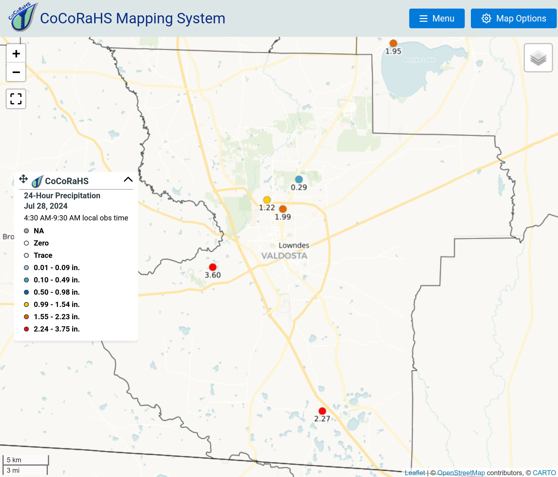 CoCoRaHS Mapping System, rainfall, last 24 hours, near Valdosta, GA 2024-07-28