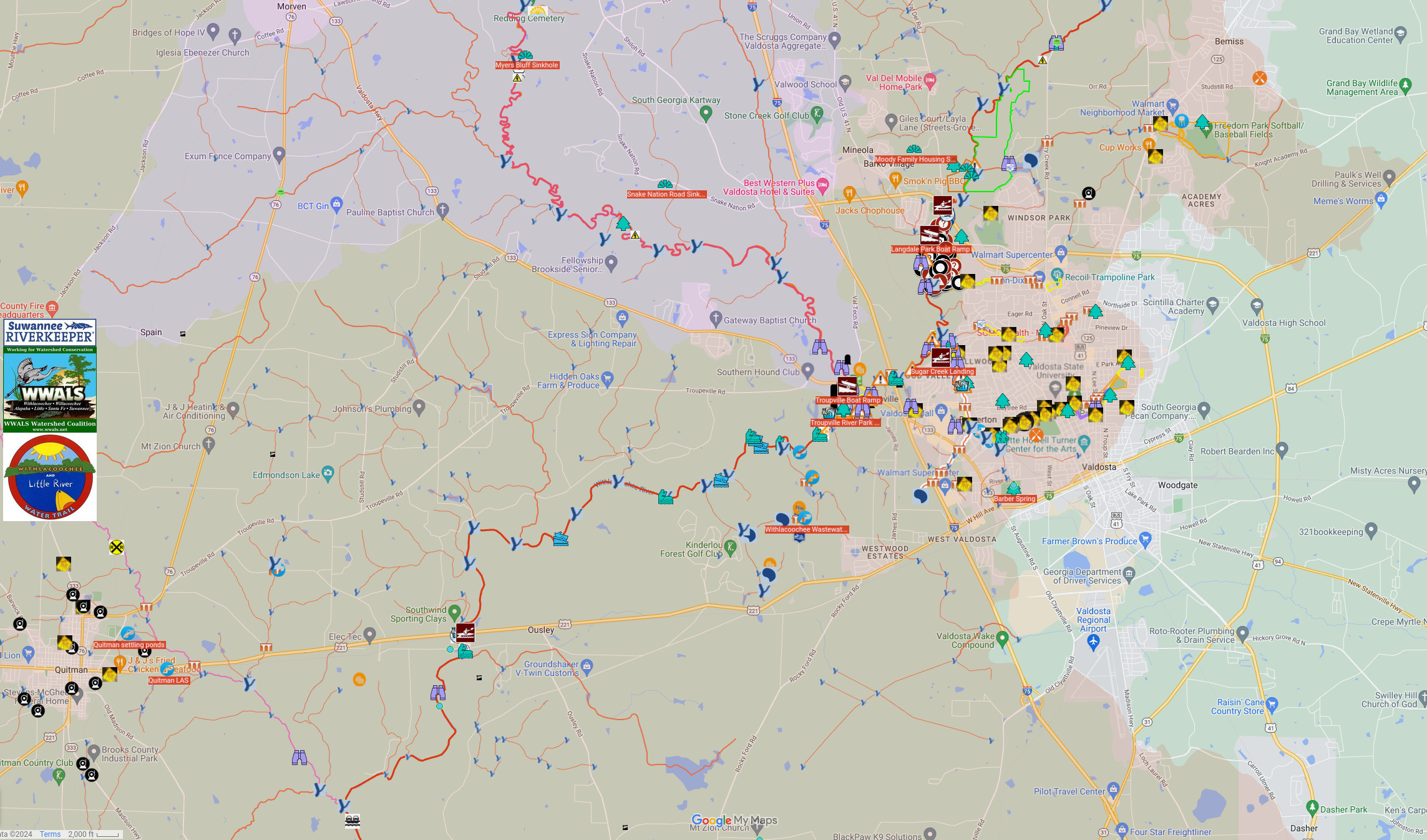 Map: Cherry Creek to Quitman, Withlacoochee River in WLRWT 2024-07-28