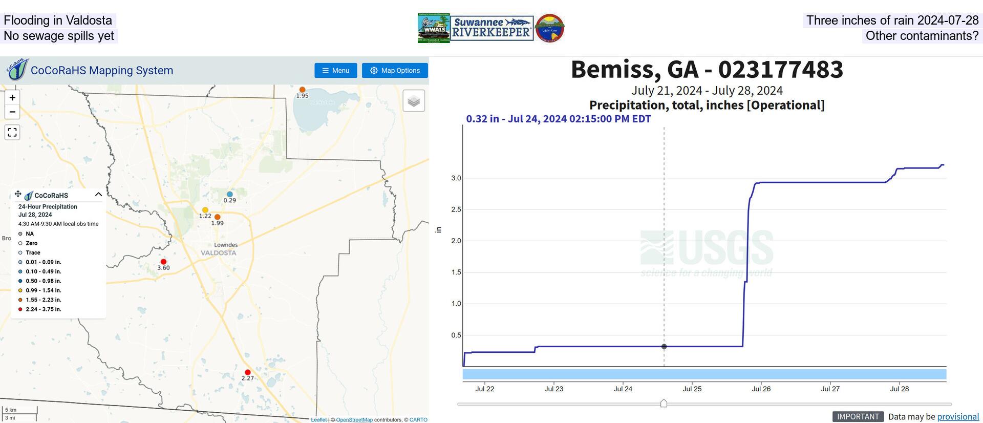 Flooding in Valdosta, Three inches of rain 2024-07-28, No sewage spills yet. Other contaminants?