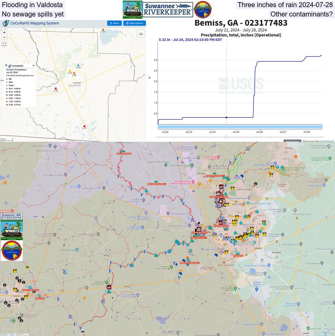 Flooding in Valdosta, Three inches of rain 2024-07-28, No sewage spills yet. Other contaminants?