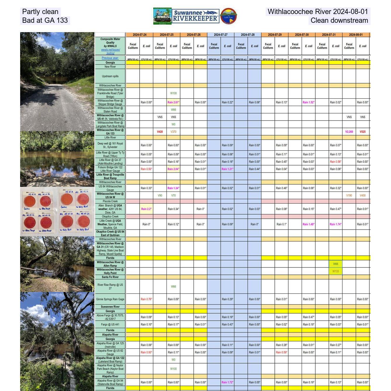 Partly clean Withlacoochee River 2024-08-01: Bad at GA 133; Clean downstream