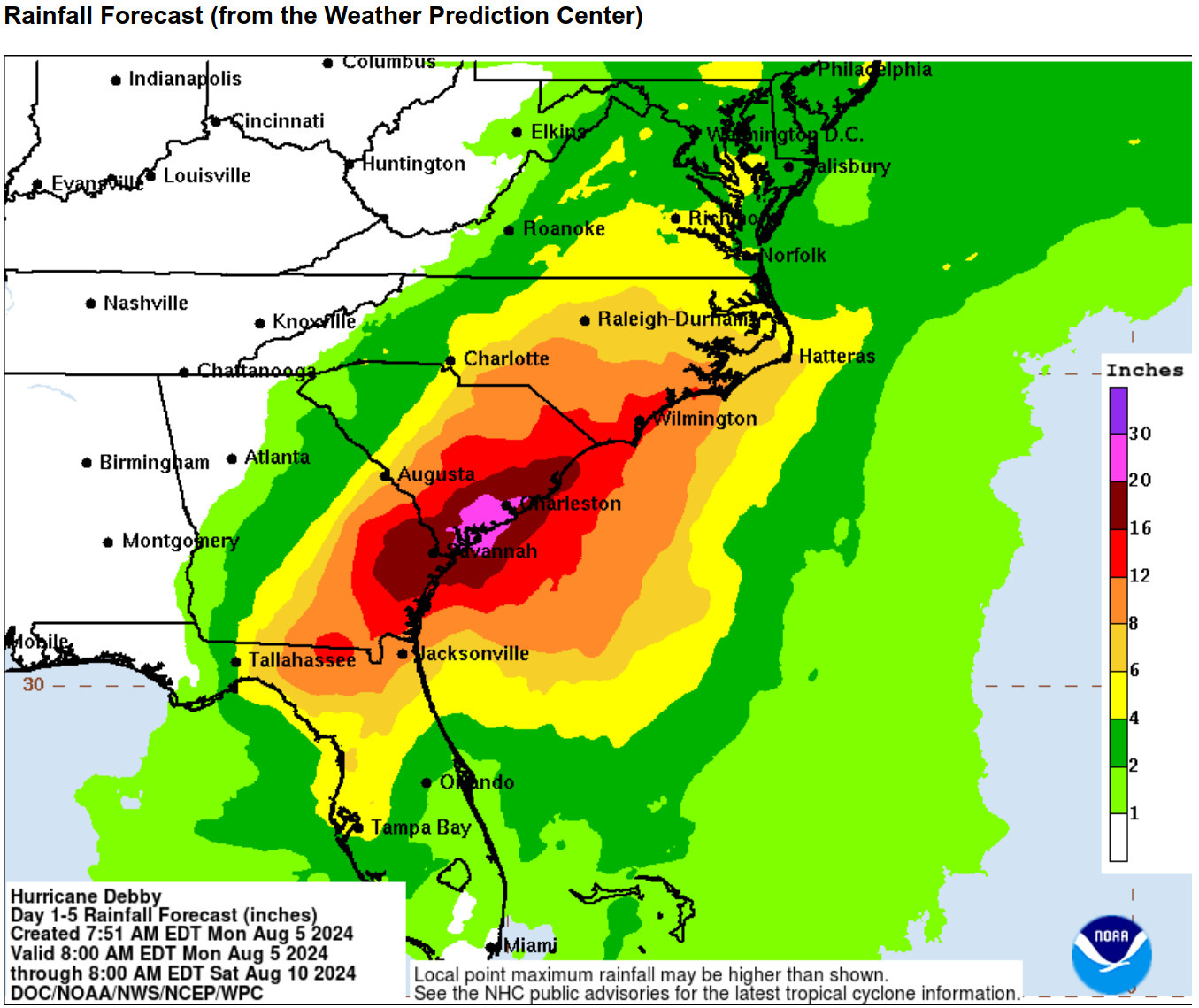 Rainfall prediction, Hurricane Debby, 8 AM 2024-08-04