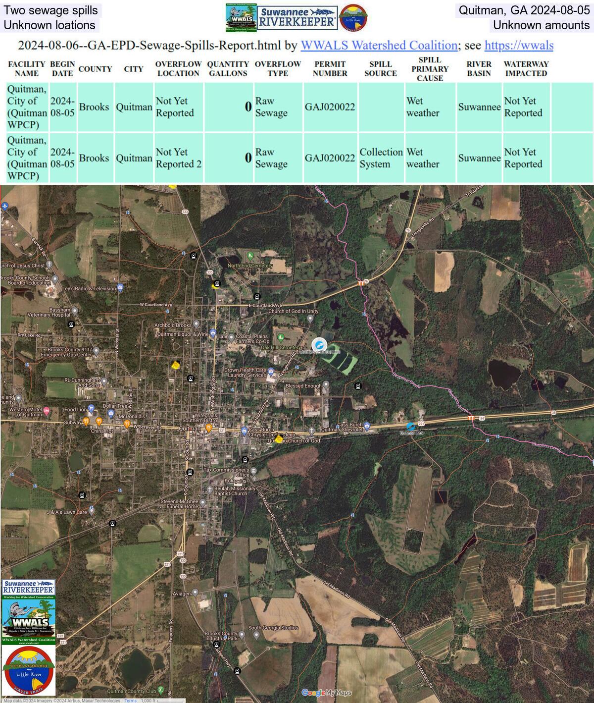 Two sewage spills, Quitman, GA 2024-08-05, Unknown locations, Unknown amounts