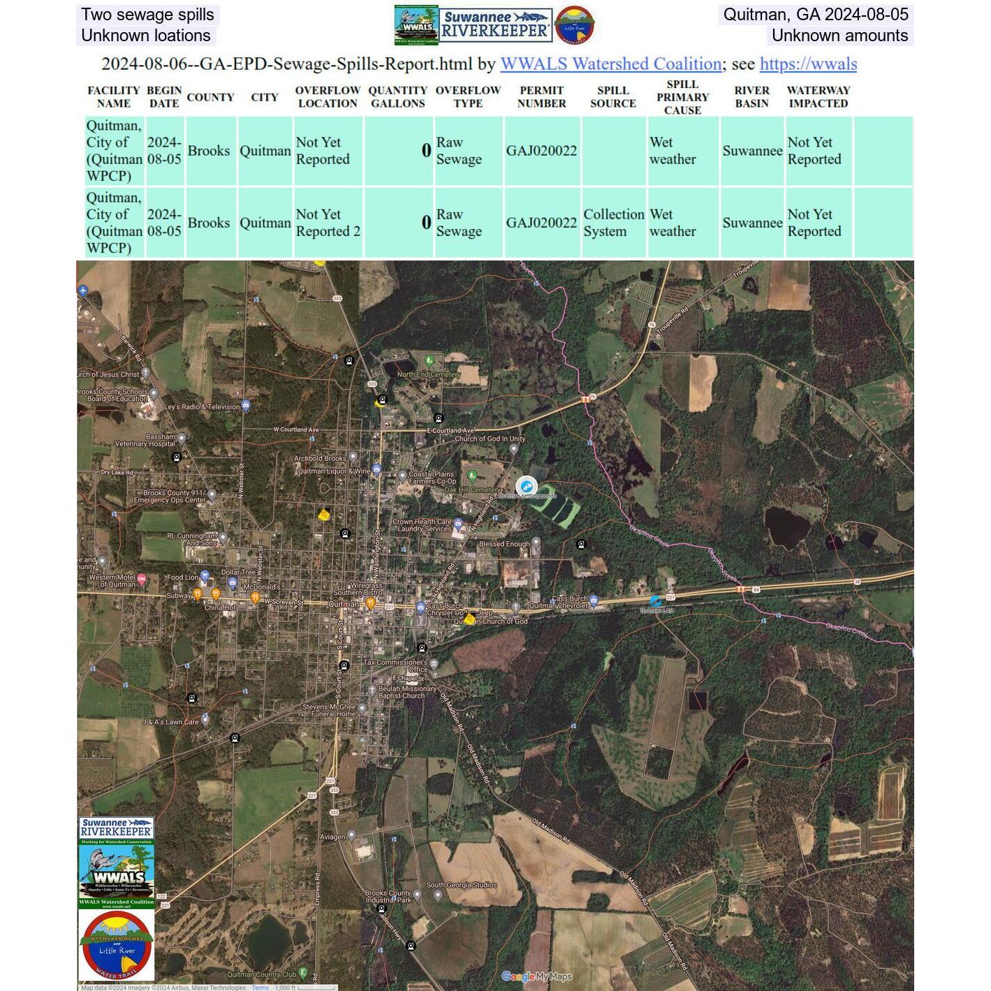 Two sewage spills, Quitman, GA 2024-08-05, Unknown locations, Unknown amounts