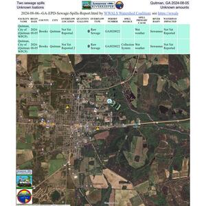 [Two sewage spills, Quitman, GA 2024-08-05, Unknown locations, Unknown amounts]