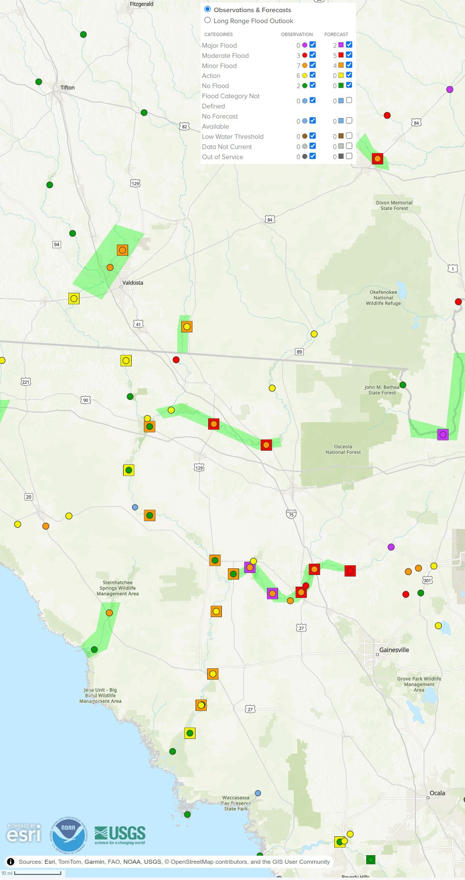 Map: NOAA river gauges in the Suwannee River Basin 2024-08-07