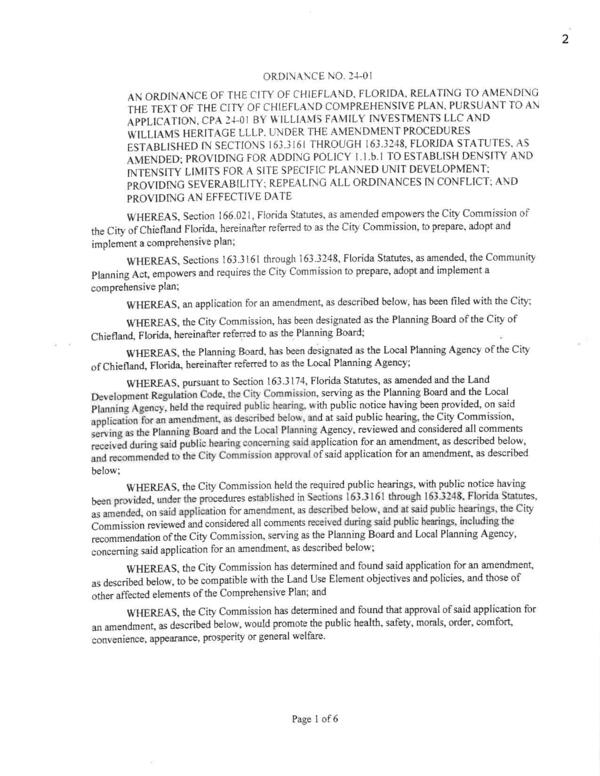 Ordinance 24-01 ...PROVIDING FOR ADDING POLICY 1.1.b.1 TO ESTABLISH DENSITY AND INTENSITY LIMITS FOR A SITE SPECIFIC PLANNED UNIT DEVELOPMENT...