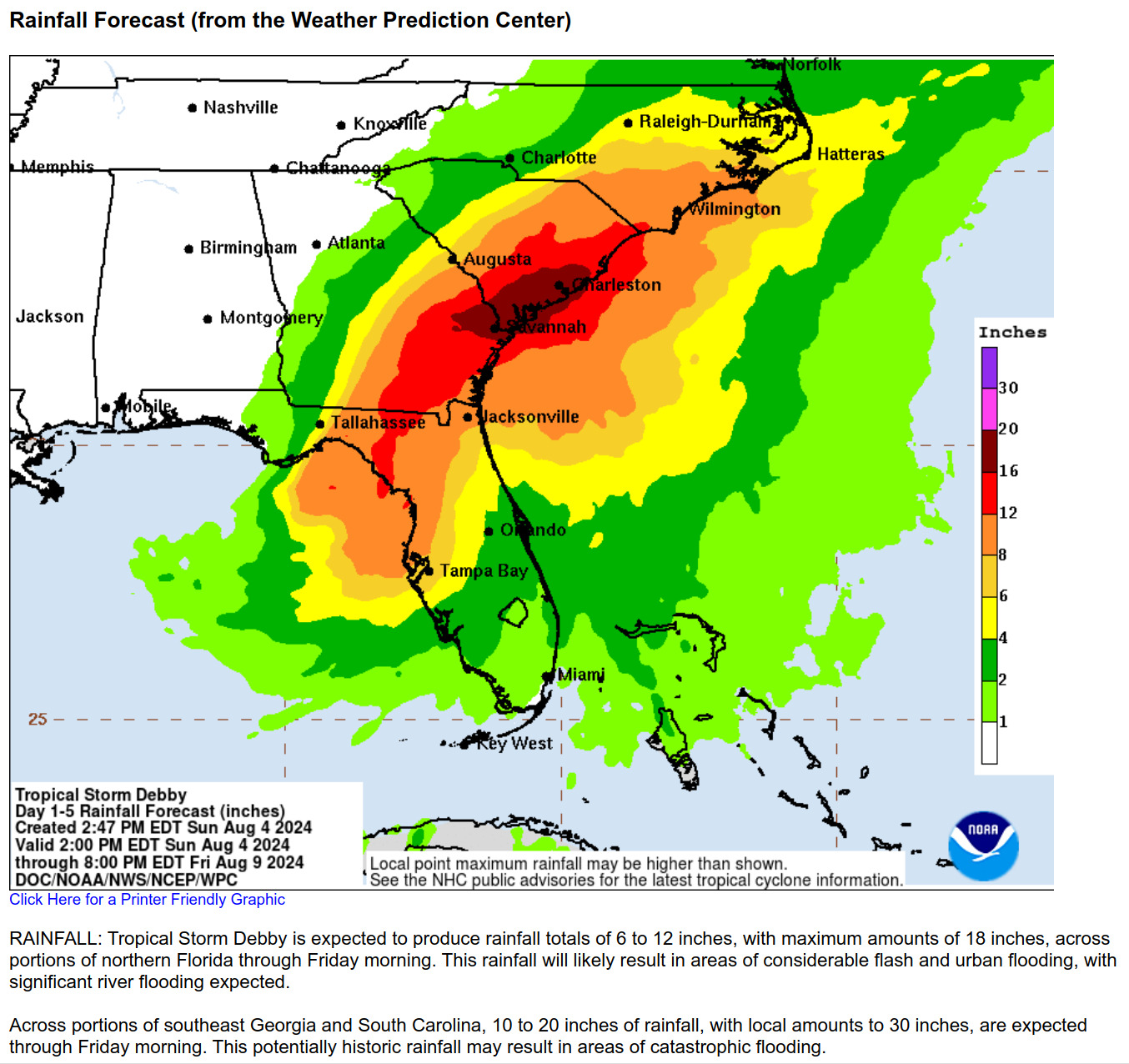 Rainfall prediction, Tropical Storm Debbie --National Hurricane Center 2024-08-04