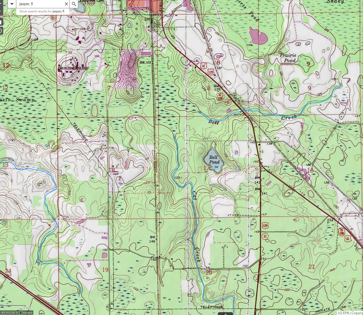 Map: Cat Creek, Bell Creek, Basin Swamp --EPA Topo