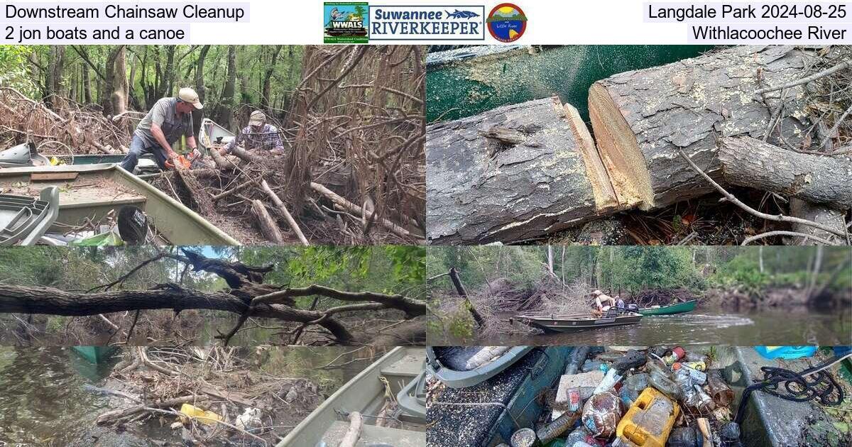 Downstream Chainsaw Cleanup, Langdale Park 2024-08-25, 2 jon boats and a canoe, Withlacoochee River