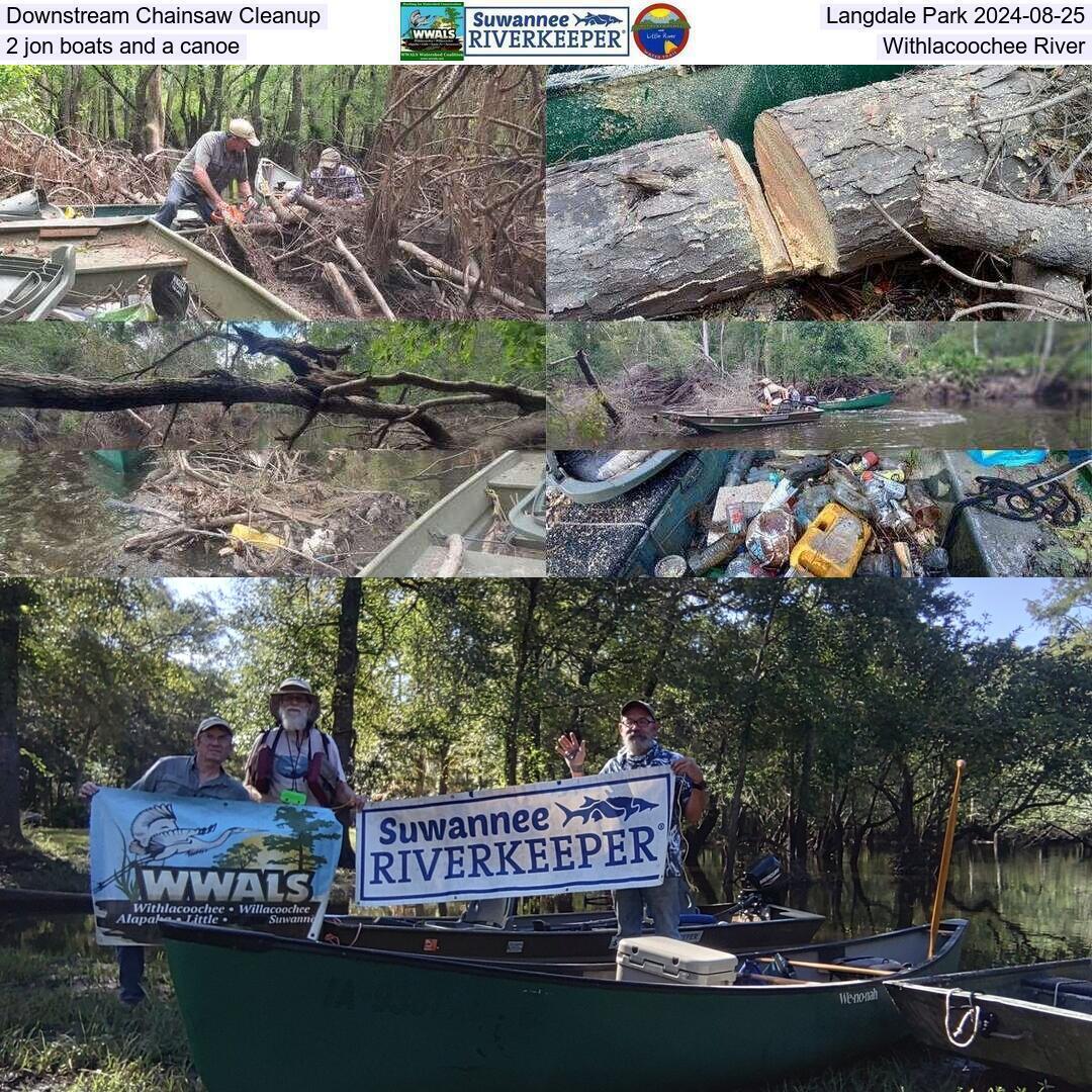 Downstream Chainsaw Cleanup, Langdale Park 2024-08-25, 2 jon boats and a canoe, Withlacoochee River