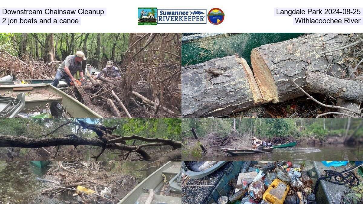 Downstream Chainsaw Cleanup, Langdale Park 2024-08-25, 2 jon boats and a canoe, Withlacoochee River