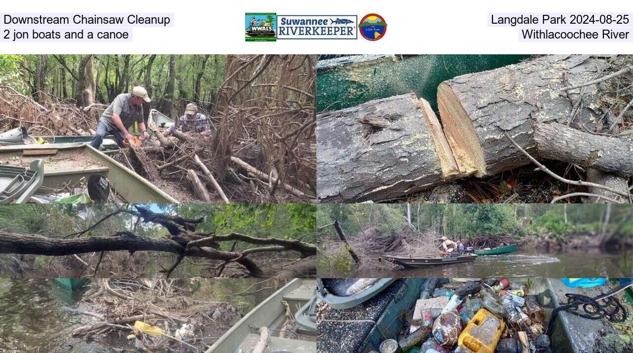 Downstream Chainsaw Cleanup, Langdale Park 2024-08-25, 2 jon boats and a canoe, Withlacoochee River