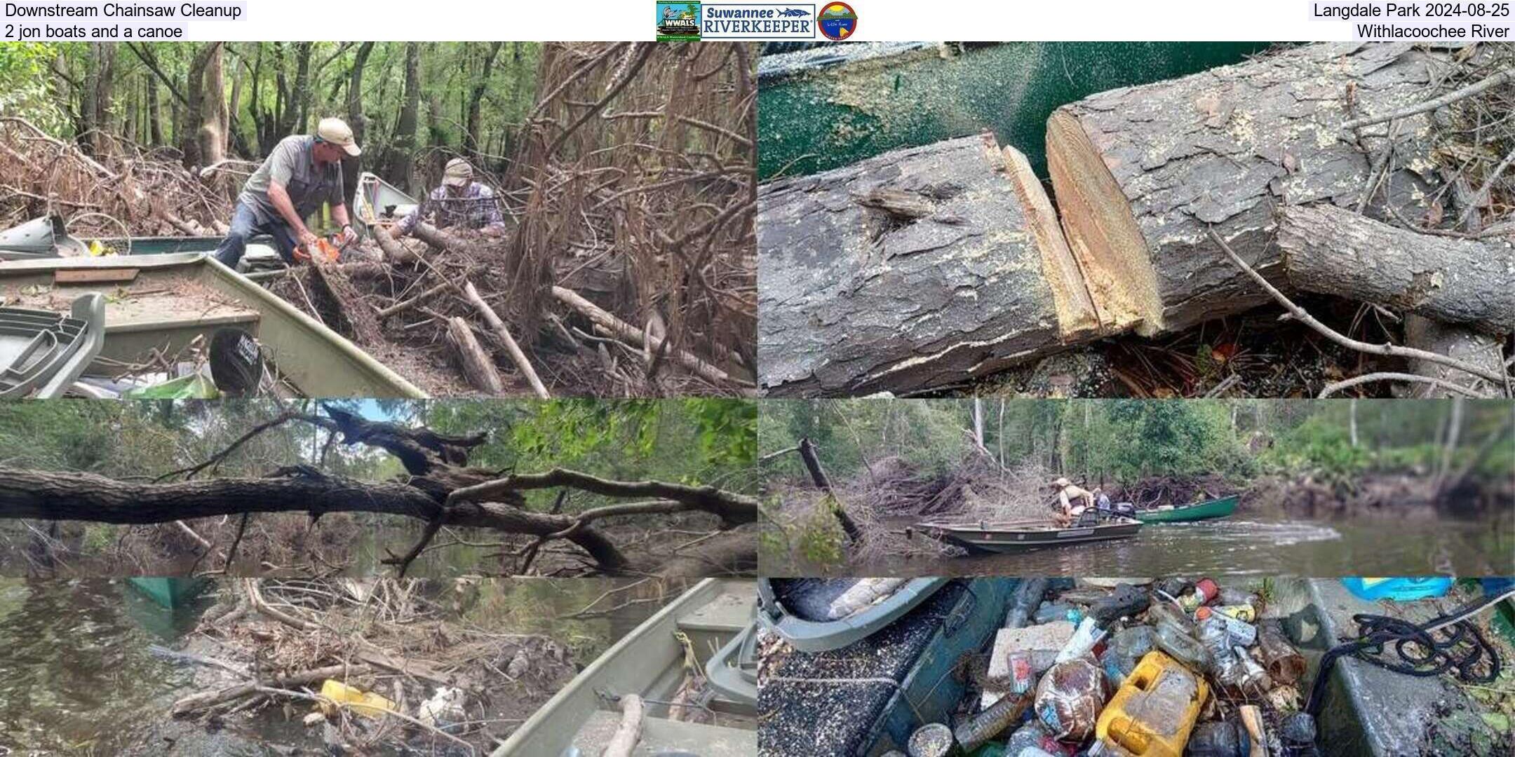 Downstream Chainsaw Cleanup, Langdale Park 2024-08-25, 2 jon boats and a canoe, Withlacoochee River