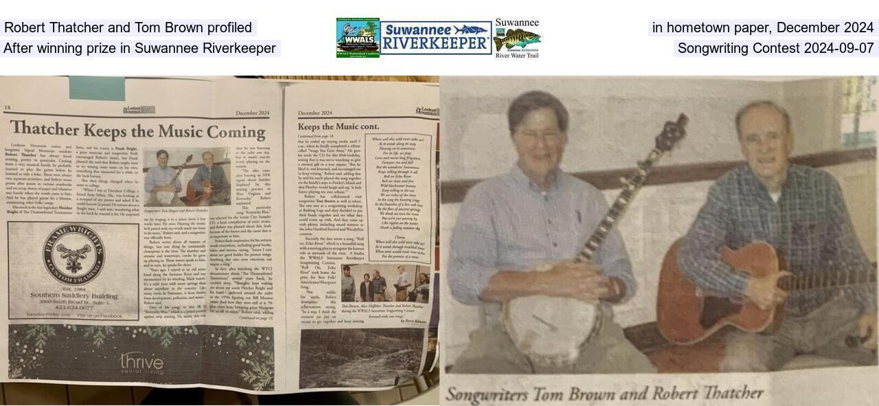 Robert Thatcher and Tom Brown profiled in hometown paper, After winning prize in Suwannee Riverkeeper Songwriting Contest