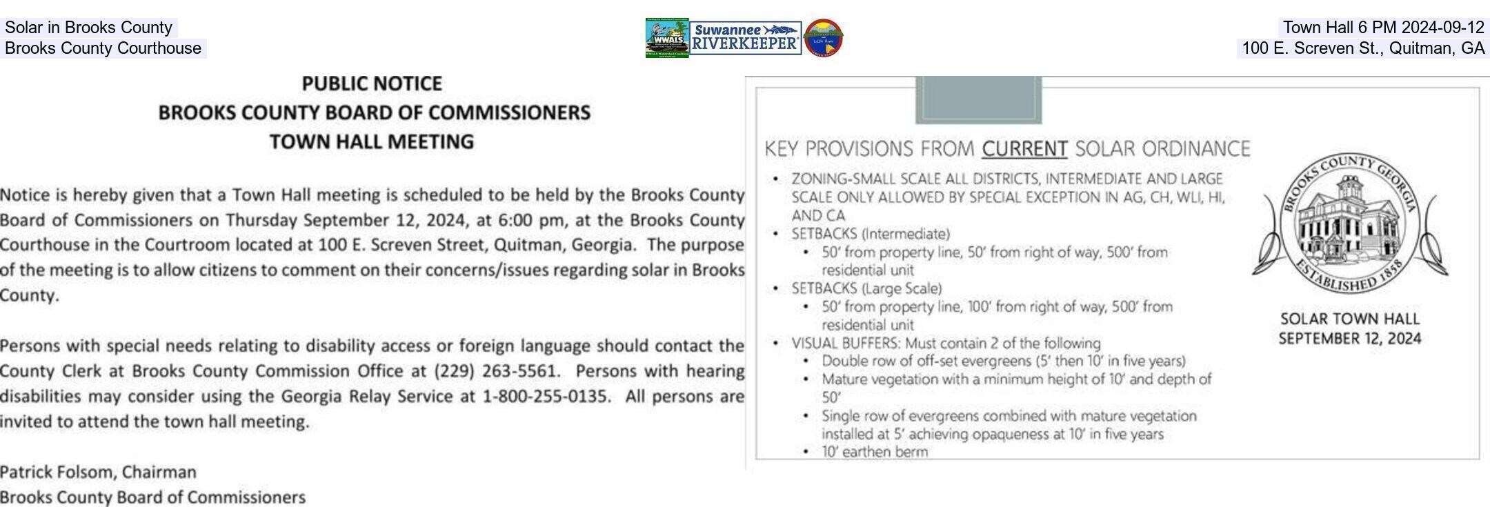 Solar in Brooks County, Town Hall 6 PM 2024-09-12, Brooks County Courthouse, 100 E. Screven St., Quitman, GA