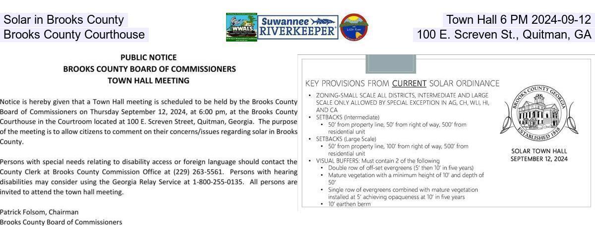 Solar in Brooks County, Town Hall 6 PM 2024-09-12, Brooks County Courthouse, 100 E. Screven St., Quitman, GA